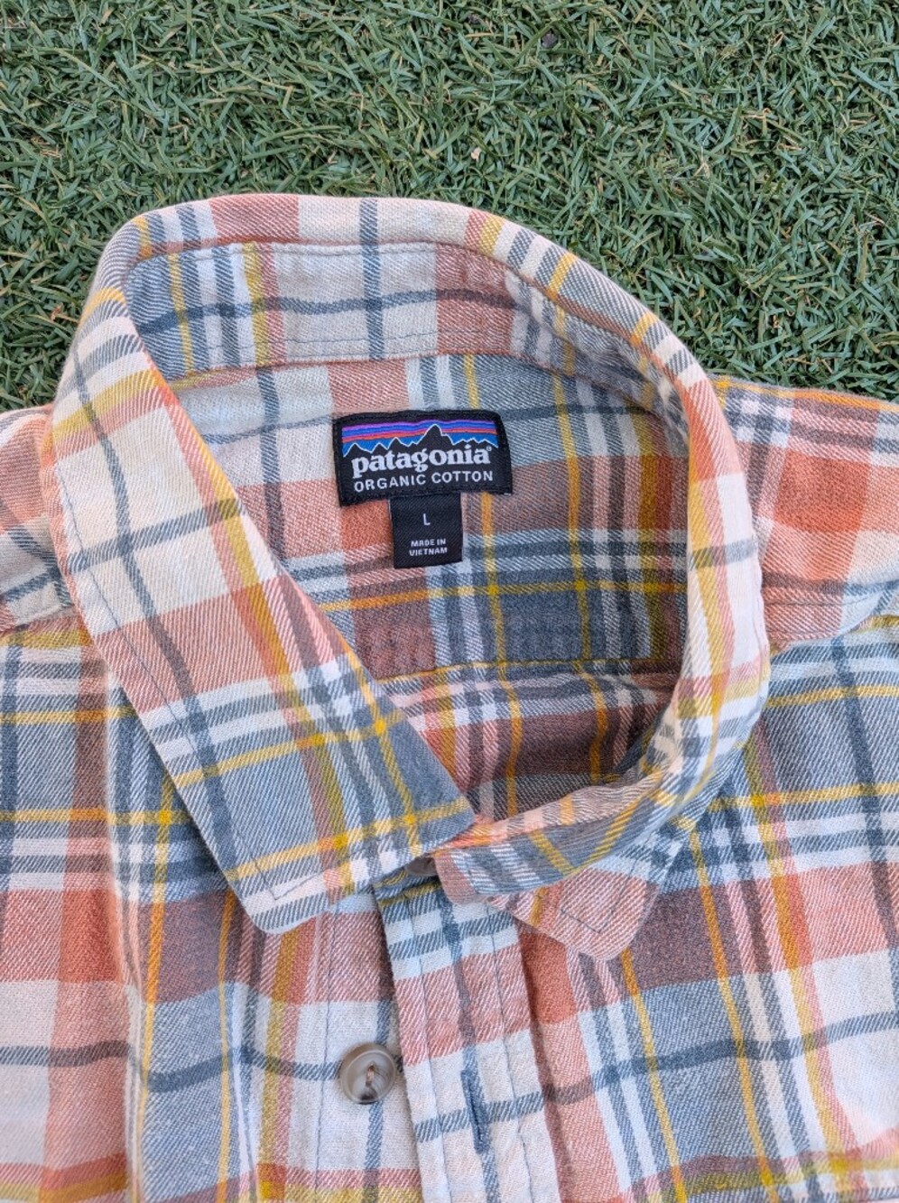 Patagonia Organic Cotton Plaid Button-Up Shirt in Peach & Gray